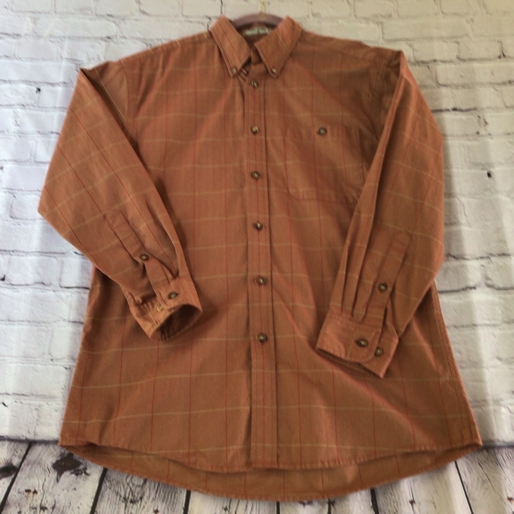 Orvis men’s medium business casual button up light rust color long sleeves shirt